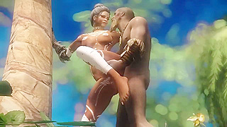 Tribal chieftain gets her tattooed body fucked doggy style on the beach