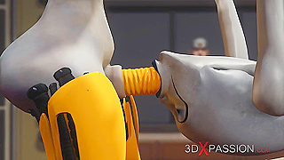 Futa sex robot face fucks a female alien in the sci-fi lab