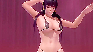 Sexy asian babe Nyotengu from Dead or Alive dances on the pole and fucks everyone