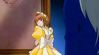 Busty hentai servant gets on her knees to suck dick then ride with her pussy