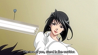 Busty anime teacher is caught masturbating and is fucked by two students