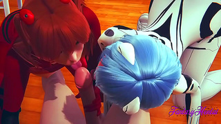 Shinji's Room Heat – Evangelion 3D Hentai Threesome with Asuka & Rei Sucking Dick for Cumshots & Pussy Fucks