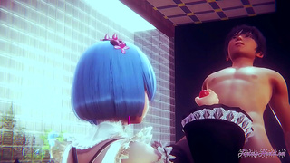 Rem Gives Uncensored Re-Zero Blowjob & Pussy Cosplay Handjob For 3D Hentai Creampie
