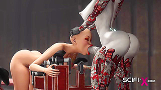 Futa sex robot pounds her dick into a bald human